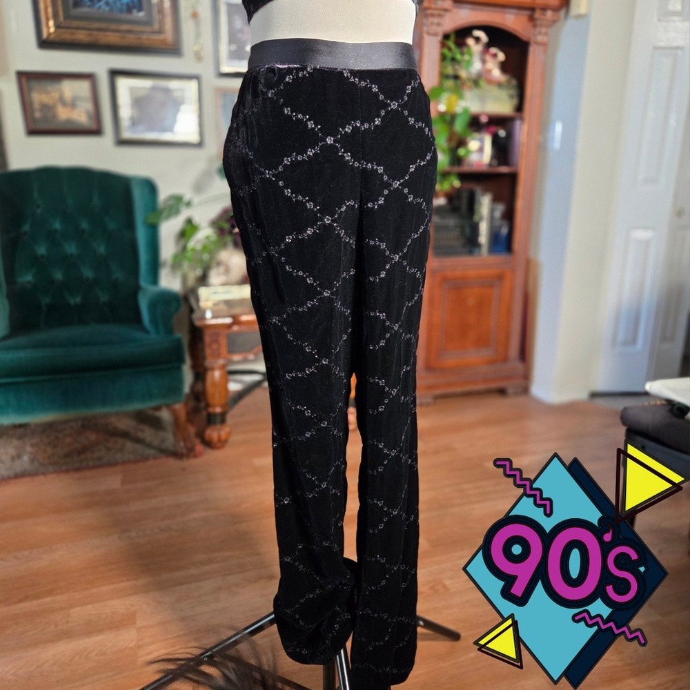 Vintage 90s Ilana Wolf Black Velvet Beaded Trellis Pants‎ High Rise Straight Leg